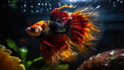 Beautiful red-yellow and black crowntail betta fish at the aquarium.