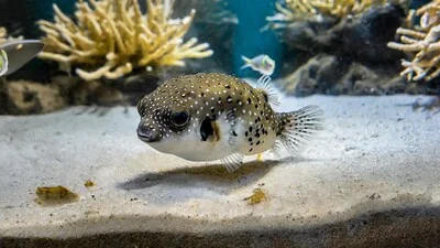 Puffer fish at the bottom of the fish tank.