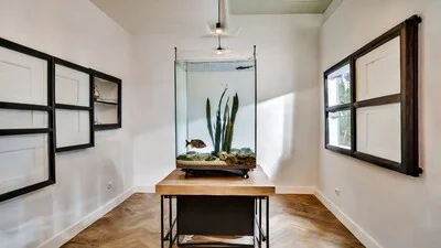 Vertical aquarium with fish.